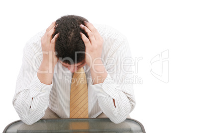 Close up of businessman holding hands up to face