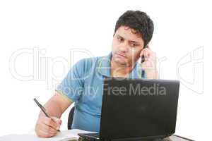 Man with cellphone and laptop, isolated on white
