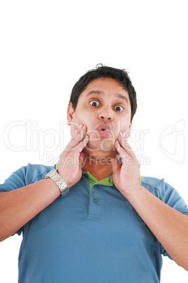 Portrait of young surprised man gesturing. Isolated on white.