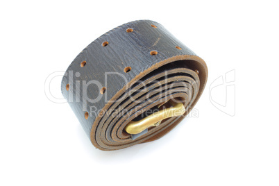 Brown officer belt braided in a roll as a roll with a metal metal plate.