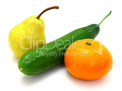 cucumber with a tangerine and a pear