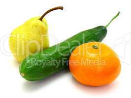 cucumber with a tangerine and a pear