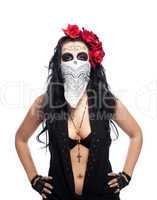 Serious woman in day of the dead mask hide face