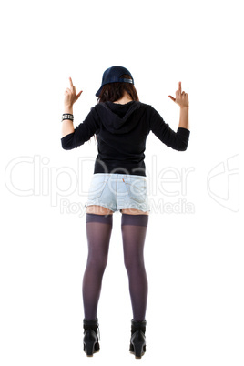 young woman in grunge style stand with fuck sign