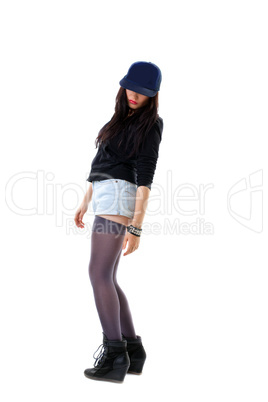 woman in grunge style hide face with baseball cap