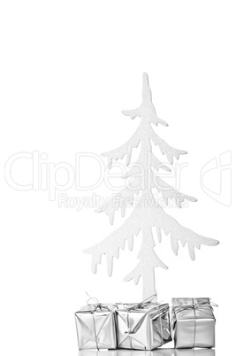 Silver christmas tree with silver presents