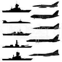 A set of military aircraft, ships and submarines.