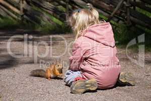 little girl plays with the squirrel