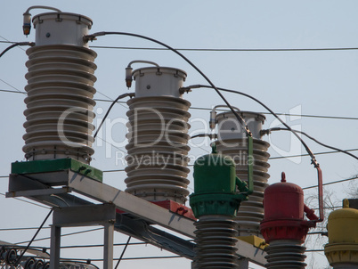 Electricity tower with power line cable on blue sky