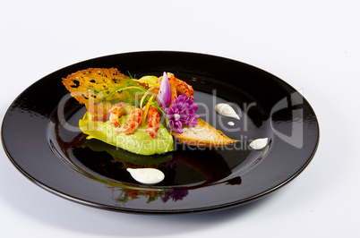 avocado tureen with seafood and tomato paste