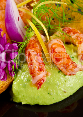 avocado tureen with seafood and tomato paste