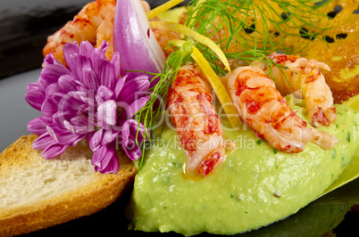 avocado tureen with seafood and tomato paste