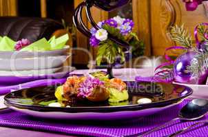 avocado tureen with seafood and tomato paste