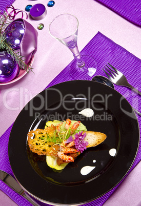 avocado tureen with seafood and tomato paste