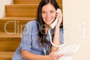 Home living woman call phone sitting staircase