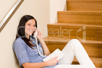 Home living woman call phone sitting staircase