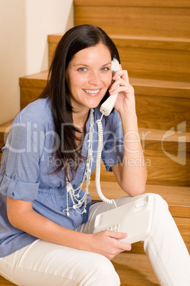 Home living woman call phone sitting staircase