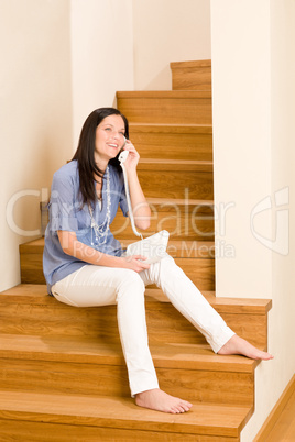 Home living woman call phone sitting staircase