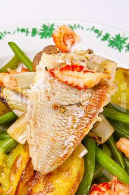 Roasted Dorade with seafood and French beans