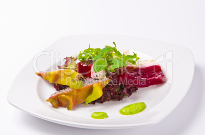 Beetroot horseradish tureen with avocado cream and Pitaya