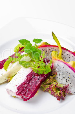 Beetroot horseradish tureen with avocado cream and Pitaya