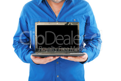 Businessman holding an open laptop. Isolated on white background