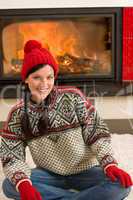 Fireplace winter Xmas young woman wear sweater