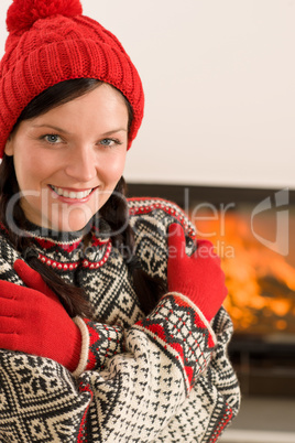 Fireplace winter Xmas young woman wear sweater