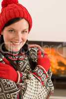 Fireplace winter Xmas young woman wear sweater