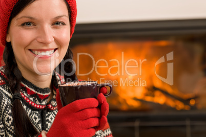Fireplace winter Christmas woman drink home