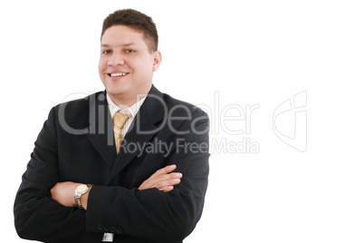 Portrait of happy smiling young businessman, isolated on white b