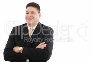 Portrait of happy smiling young businessman, isolated on white b