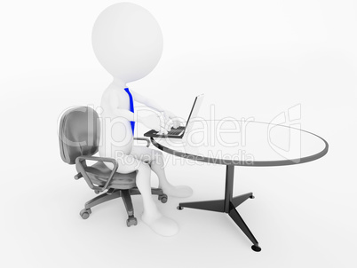 3d business man character sitting in office chair with laptop at