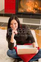 Home living happy woman work computer fireplace