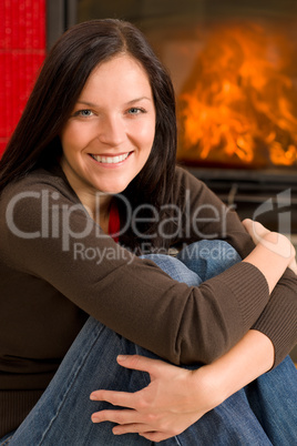 Home fireplace happy woman relax warm up