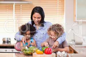 Mother and daughters preparing salad in the kitchen together