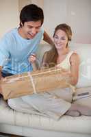 Portrait of a couple looking at a package