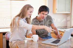 Smiling couple having coffee while using a laptop