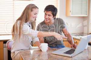 Smiling couple having coffee while using a notebook
