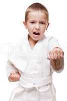 Child boy in kimono training karate