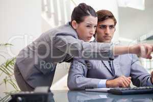 Businesswoman explaining computer program to colleague