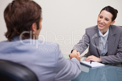 Businesswoman welcomes customer in her office