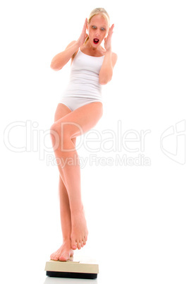 young caucasian woman in underwear standing on weighing scales a
