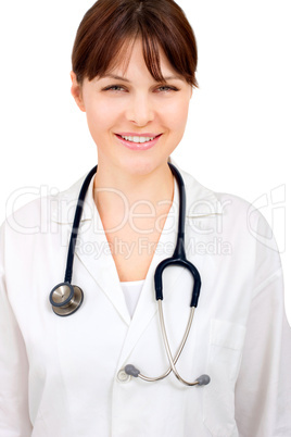 portrait of a young caucasian woman doctor with stethoscope