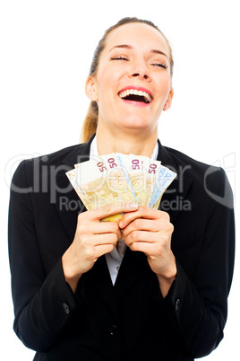 Young businesswoman holding banknotes on white background studio