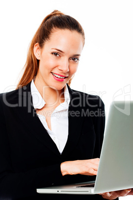 young businesswoman with laptop on white background studio