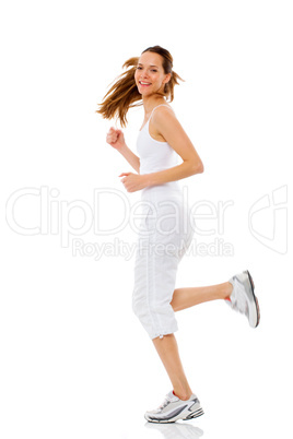 Young woman doing gymnastics on white background studio