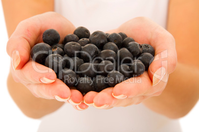 blueberries in the hands of a woman