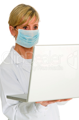 female doctor with mask and laptop