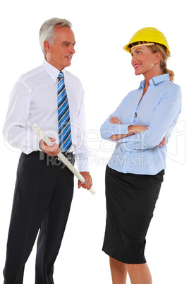 man with plan and woman architect with hard hat